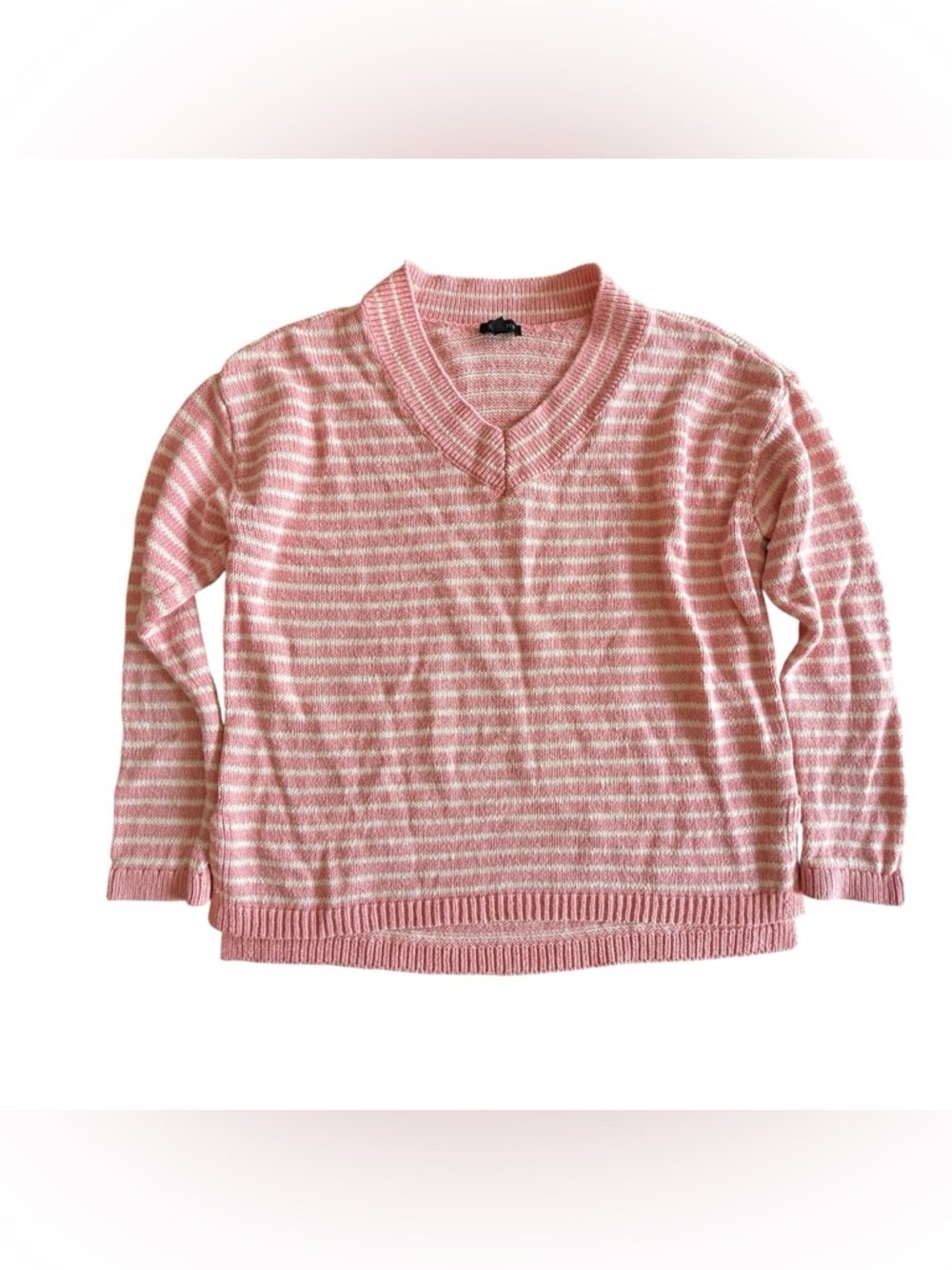 Talbots Preppy Pink and White Striped V-Neck Cotton Linen Pullover Sweater Small